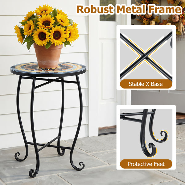 Robust metal frame with a stable X base<br>Features protective feet to avoid scratches<br>Serves as an outdoor side table or plant stand<br>Designed for backyard  poolside area  or indoors<br>Smooth surface for convenient maintenance<br>Assembly needed<br