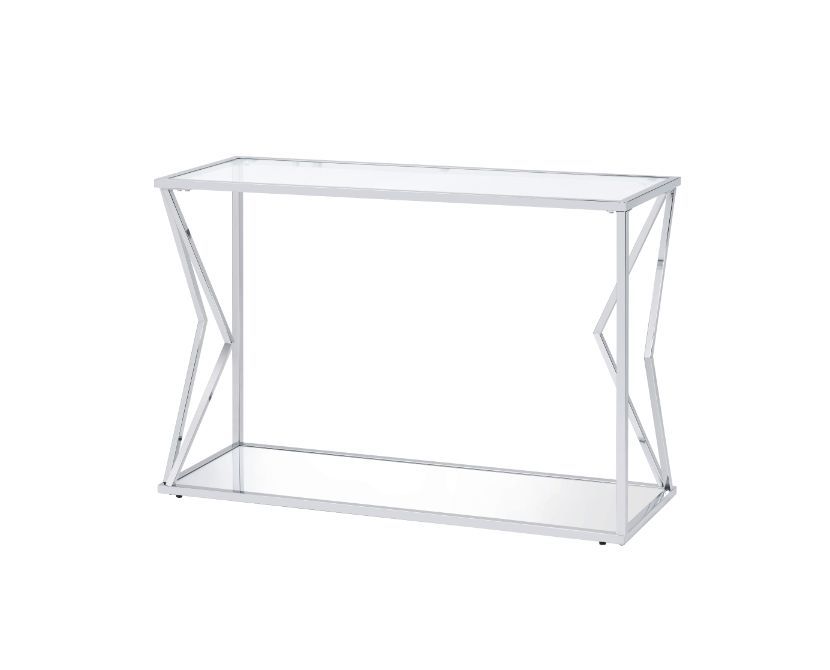 Full of sleek, visually-appealing lines, the sofa table exudes a clean and open design. Sturdy metal frame features ultra-clean lines and a contemporary aesthetic, with a chrome finish enhancing the metallic textures. Clear glass table top and bottom shel