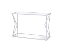 Full of sleek, visually-appealing lines, the sofa table exudes a clean and open design. Sturdy metal frame features ultra-clean lines and a contemporary aesthetic, with a chrome finish enhancing the metallic textures. Clear glass table top and bottom shel