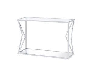 Full of sleek, visually-appealing lines, the sofa table exudes a clean and open design. Sturdy metal frame features ultra-clean lines and a contemporary aesthetic, with a chrome finish enhancing the metallic textures. Clear glass table top and bottom shel