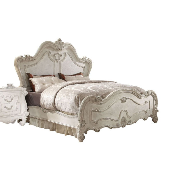 Sleeping like royalty with this Versailles, the bedroom set was inspired by old European design. This collection features carved scrollwork accent on headboard. The accent pieces crafted in wood with bone white finish and also included regal features such