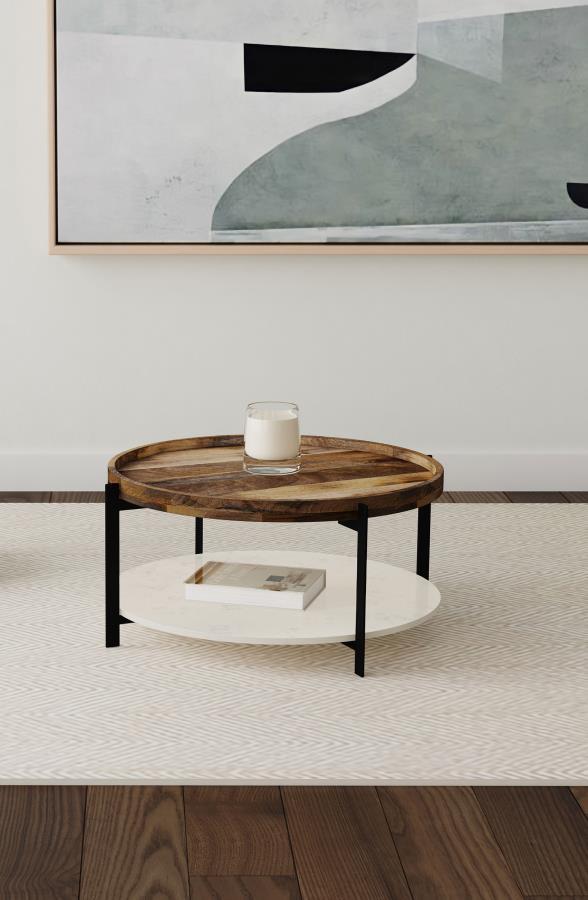  a perfect fusion of organic materials and modern design. The stunning round solid mango wood top features unique grain patterns