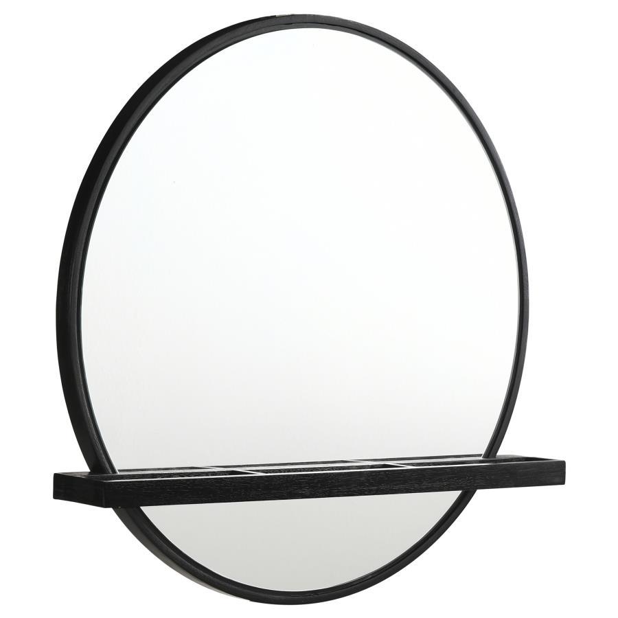 Add a chic vanity mirror over a vanity desk or your dresser to create the ideal place to get ready for the day. The mirror features a round profile with a wooden frame and straight, horizontal shelf. Its black finish is perfect to complement the wood grai