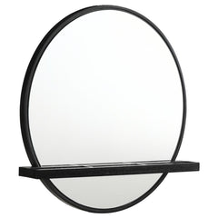 Add a chic vanity mirror over a vanity desk or your dresser to create the ideal place to get ready for the day. The mirror features a round profile with a wooden frame and straight, horizontal shelf. Its black finish is perfect to complement the wood grai