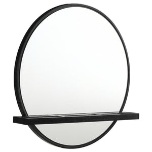 Add a chic vanity mirror over a vanity desk or your dresser to create the ideal place to get ready for the day. The mirror features a round profile with a wooden frame and straight, horizontal shelf. Its black finish is perfect to complement the wood grai