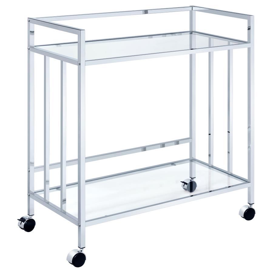 Welcome guests and serve up libations with this sleek contemporary bar cart. A rectangular silhouette outlined in a slim, square metal frame lends an Art Deco-inspired aesthetic to dining spaces and more. The polished, metallic finish elevates it even fur