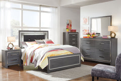 Modern gray finish with replicated wood grain. Cases and bed are accented with faceted chrome details. Large scaled chrome handle with faceted details. Headboards are accented with LED lighting and include a remote for color and brightness options. Includ