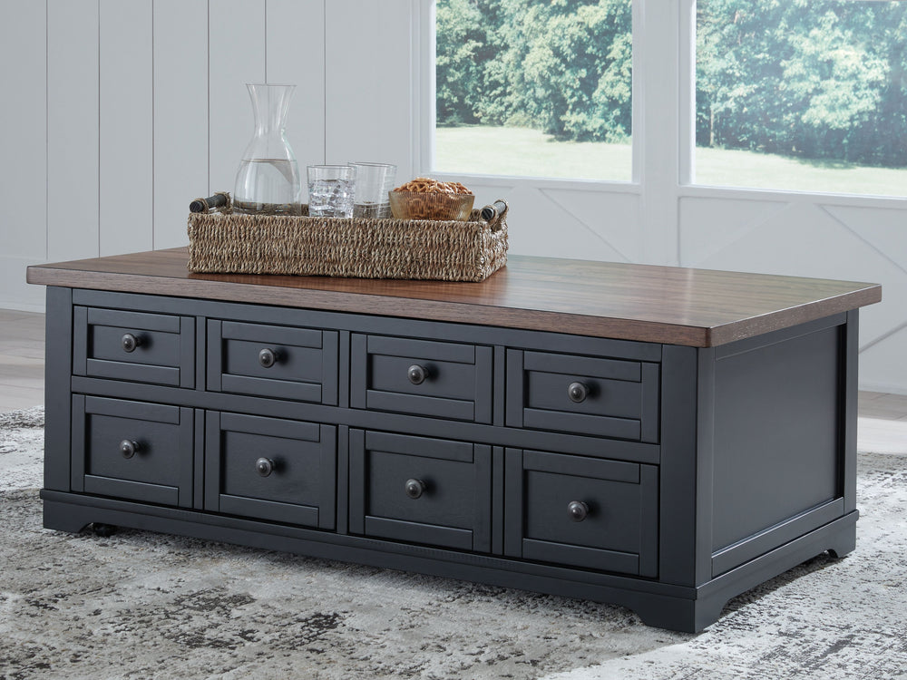Raise the bar on modern farmhouse style with this lift-top coffee table. Its sturdy silhouette and casual good looks are accentuated with a two-tone finish, which pairs a warm satin black base with a contrasting butcher block veneer top. Combining form an