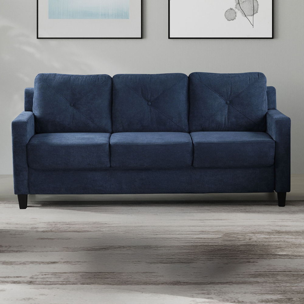 Experience ultimate comfort and style with Horatio navy Chenille sofa.The tight back and seat cushions ensure a comfortable seating experience, supported by pocket coil construction and a sturdy wooden inner frame. This set is perfect for creating a moder