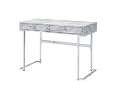 Bring sleek, minimalist style to your workplace where you stay for eight hours a day. The desk features a modern glamour design with white faux marble top and lustrous chrome frame. Metal sled base has elegant straight lines full of an open, airy feel, ma