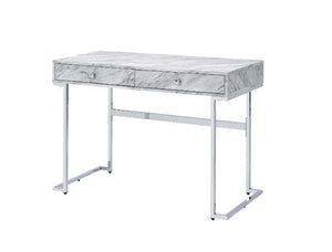 Bring sleek, minimalist style to your workplace where you stay for eight hours a day. The desk features a modern glamour design with white faux marble top and lustrous chrome frame. Metal sled base has elegant straight lines full of an open, airy feel, ma