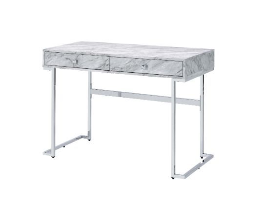 Bring sleek, minimalist style to your workplace where you stay for eight hours a day. The desk features a modern glamour design with white faux marble top and lustrous chrome frame. Metal sled base has elegant straight lines full of an open, airy feel, ma