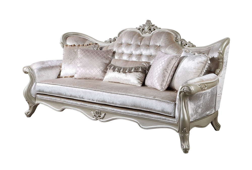 The Monique Royal Classic Sofa in champagne epitomizes heirloom-quality craftsmanship and timeless elegance. Expertly constructed from premium pine solids and adorned with durable polyurethane carvings, this sofa is lightweight, moisture-resistant, and pe