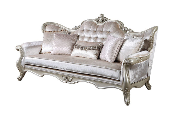 The Monique Royal Classic Sofa in champagne epitomizes heirloom-quality craftsmanship and timeless elegance. Expertly constructed from premium pine solids and adorned with durable polyurethane carvings, this sofa is lightweight, moisture-resistant, and pe