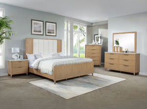 Transform your bedroom into a modern sanctuary with this sleek and sophisticated ensemble. Featuring clean lines and a natural finish, this group exudes understated elegance, seamlessly blending contemporary design with a touch of warmth. The centerpiece 