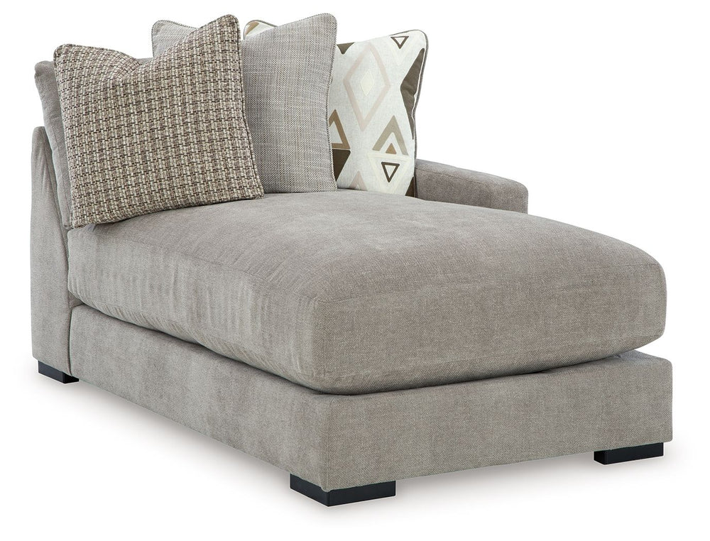 This right-arm facing corner chaise is made with polyester upholstery. Fully finished on all sides, it pairs with other items in the series to make a modular sectional.<br><br><b>Additional Dimensions</b><br><ul><li>Arm height: 24-"</li><li>Seat depth: 51