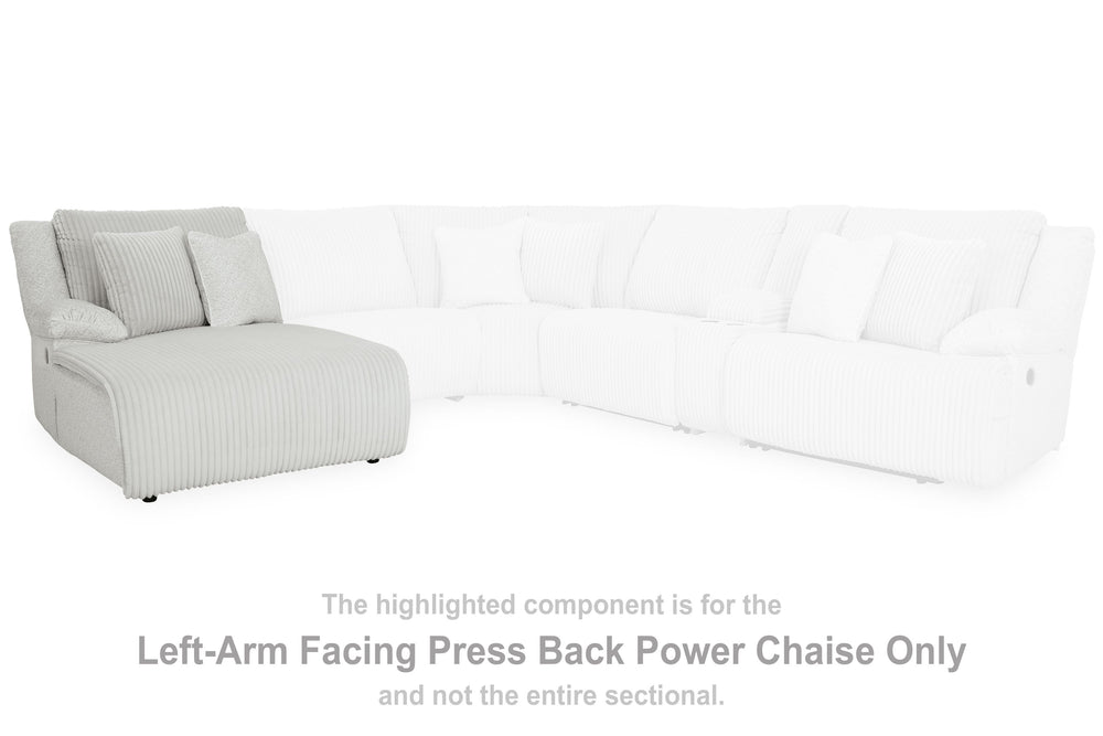 This left-arm facing power reclining back chaise is made with polyester upholstery. Pairs with other items in the series to make a sectional.<br><br><b>Additional Dimensions</b><br><ul><li>Leg height: 2.25-"</li><li>Minimum width of doorway for delivery: 