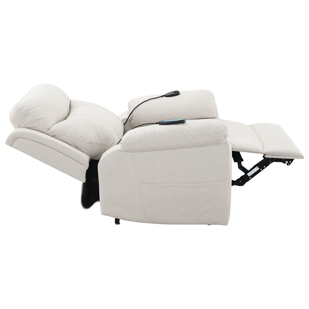 Chriki power recliner available in elegant beige and light gray fabric, offers ultimate comfort and sophistication. Featuring a pocket coil seat construction, tight seat and back cushions, it ensures durability and support. With power lift, massage, and h