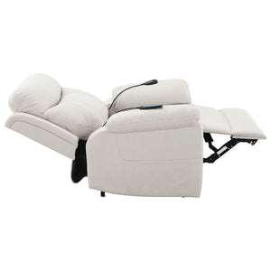 Chriki power recliner available in elegant beige and light gray fabric, offers ultimate comfort and sophistication. Featuring a pocket coil seat construction, tight seat and back cushions, it ensures durability and support. With power lift, massage, and h