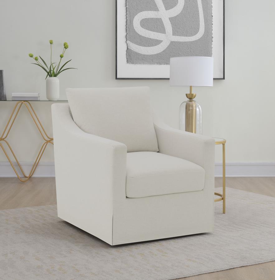 This swivel accent chair complements living room dÃ©cor with its neutral fabric and streamlined silhouette. Perfect as lounge seating or an occasional chair, it offers a gentle, 360-degree swivel for relaxed conversation or quiet reading. Its plush seat a