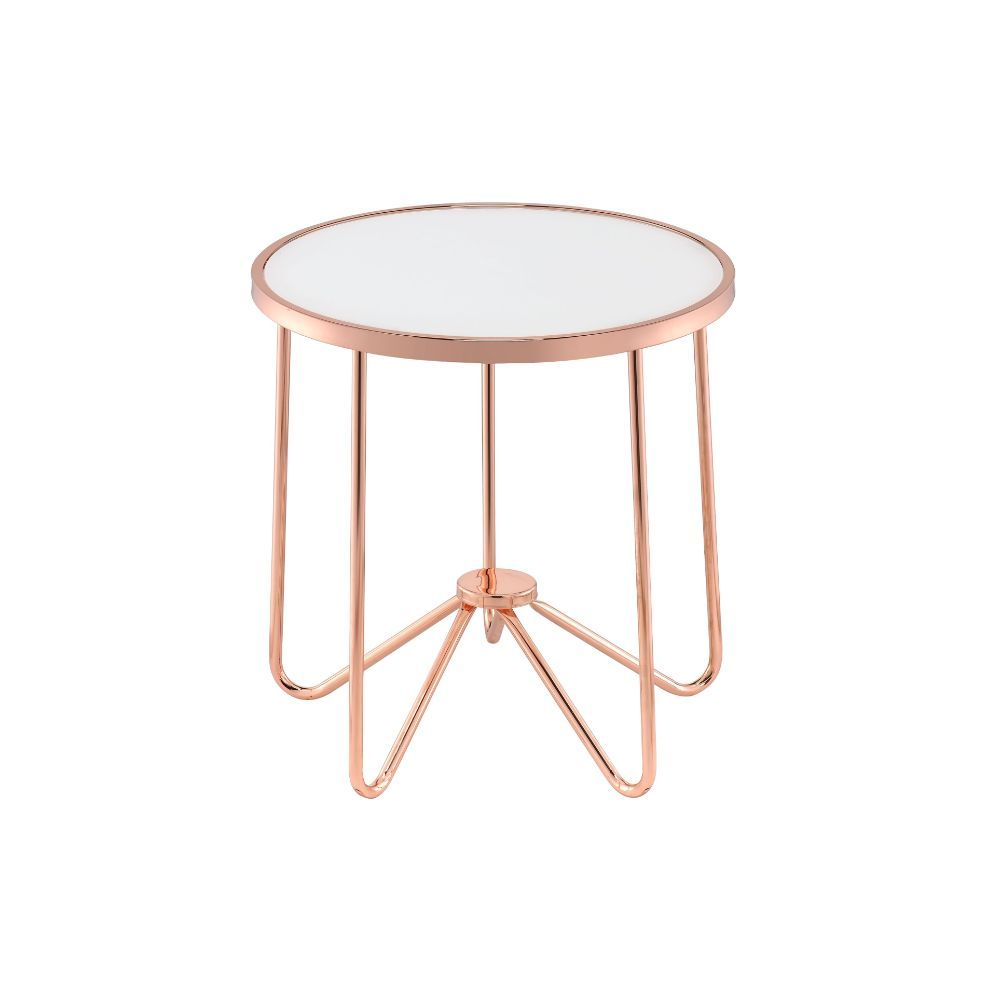 This Alivia modern occasional table brings a unique yet classy look to your living room. With effortless infusion of frosted glass and unique retro inspired rose gold metal base, this piece will naturally blend in your living room, making it a statement o