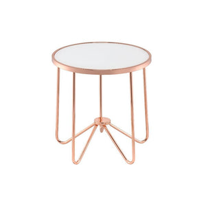 This Alivia modern occasional table brings a unique yet classy look to your living room. With effortless infusion of frosted glass and unique retro inspired rose gold metal base, this piece will naturally blend in your living room, making it a statement o