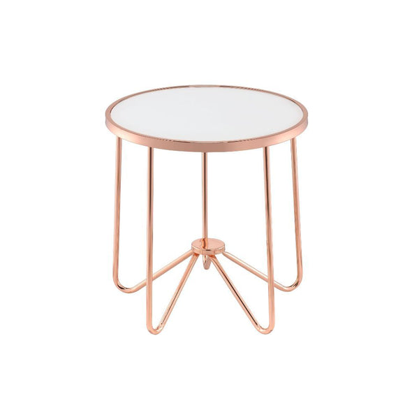 This Alivia modern occasional table brings a unique yet classy look to your living room. With effortless infusion of frosted glass and unique retro inspired rose gold metal base, this piece will naturally blend in your living room, making it a statement o