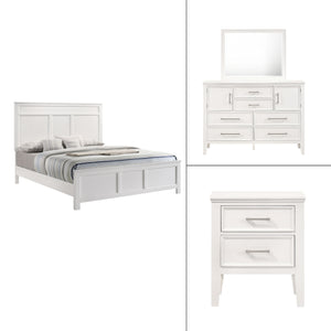 The Andover Wood 4-Piece Bedroom Set in White offers a perfect blend of durability, style, and functionality, making it an excellent choice for creating a cohesive and inviting bedroom space. This set includes a Panel Bed, Dresser, Mirror, and Nightstand,