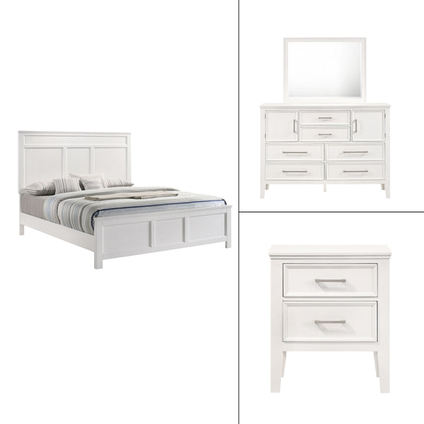 The Andover Wood 4-Piece Bedroom Set in White offers a perfect blend of durability, style, and functionality, making it an excellent choice for creating a cohesive and inviting bedroom space. This set includes a Panel Bed, Dresser, Mirror, and Nightstand,
