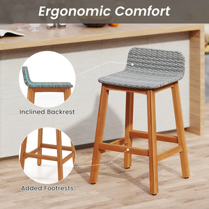 High-quality acacia wood construction for durability<br>Splinter-free surfaces for a smooth and safe touch<br>Ergonomic design with a supportive backrest and curved armrests<br>PE rattan seat is fade-resident for long-time use<br>Added footrests for a coz