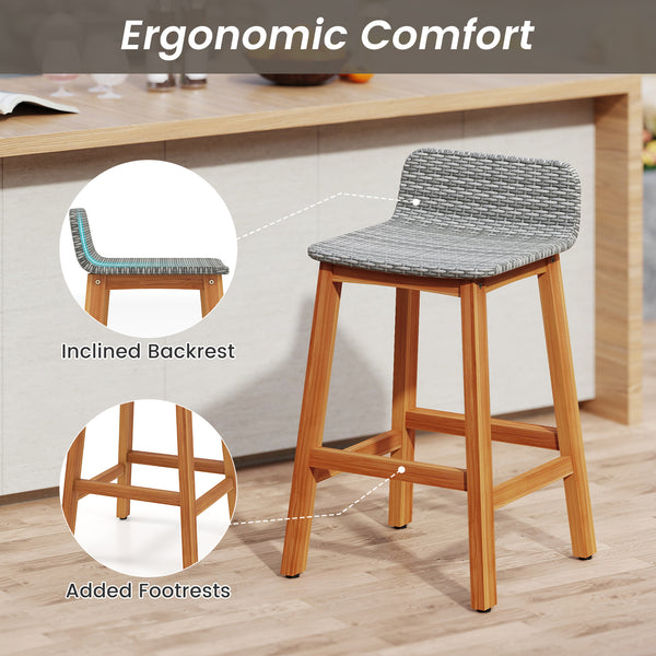 High-quality acacia wood construction for durability<br>Splinter-free surfaces for a smooth and safe touch<br>Ergonomic design with a supportive backrest and curved armrests<br>PE rattan seat is fade-resident for long-time use<br>Added footrests for a coz