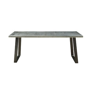 With a touch of vintage and modern charm, the Kaylia dining table combines durable steel construction in aluminum and iron metal. The table features a unique metal sled base and aluminum top paired with padded top grain leather side chairs in 2 choices of