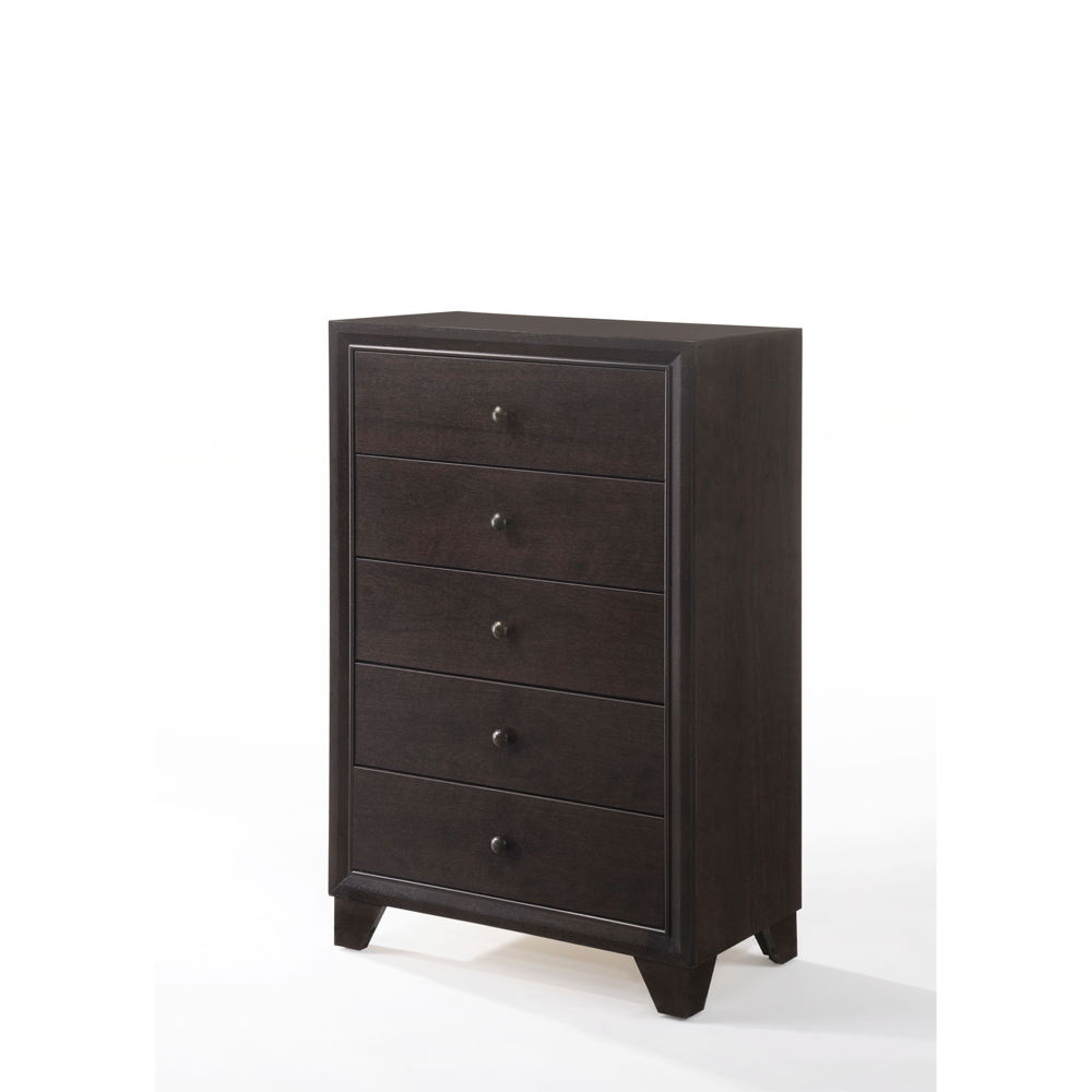 The Madison chest is finished in a rich espresso color with 5 drawers. The generous sized case piece is ideal for storing your clothing. All drawers have English dovetail with center metal glides.<br/><br/><b>Product Features</b><ul><li>Case: 1Pc/1Ctn</li