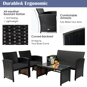 This four-piece rattan furniture set brightens up your living space while providing a comfortable seat. Â  Crafted with premium rattan  each piece creates a cool and textured appearance  which perfectly matches your outdoor or indoor space. In addition  r