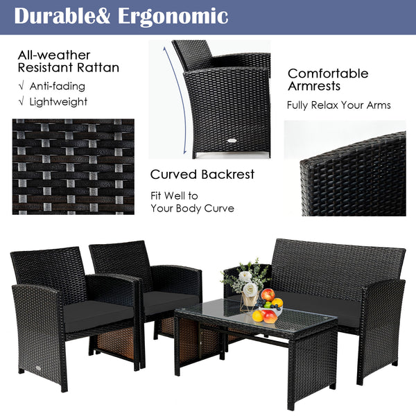 This four-piece rattan furniture set brightens up your living space while providing a comfortable seat. Â  Crafted with premium rattan  each piece creates a cool and textured appearance  which perfectly matches your outdoor or indoor space. In addition  r