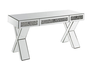 The modern and glam-inspired design makes this writing desk set a truly unique style for your bedroom. The desk boasts a contemporary clear silhouette with criss-crossed legs, while faux diamonds inlay enhances it-'s design elements and infuses your space