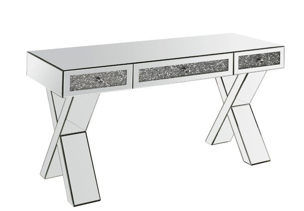 The modern and glam-inspired design makes this writing desk set a truly unique style for your bedroom. The desk boasts a contemporary clear silhouette with criss-crossed legs, while faux diamonds inlay enhances it-'s design elements and infuses your space