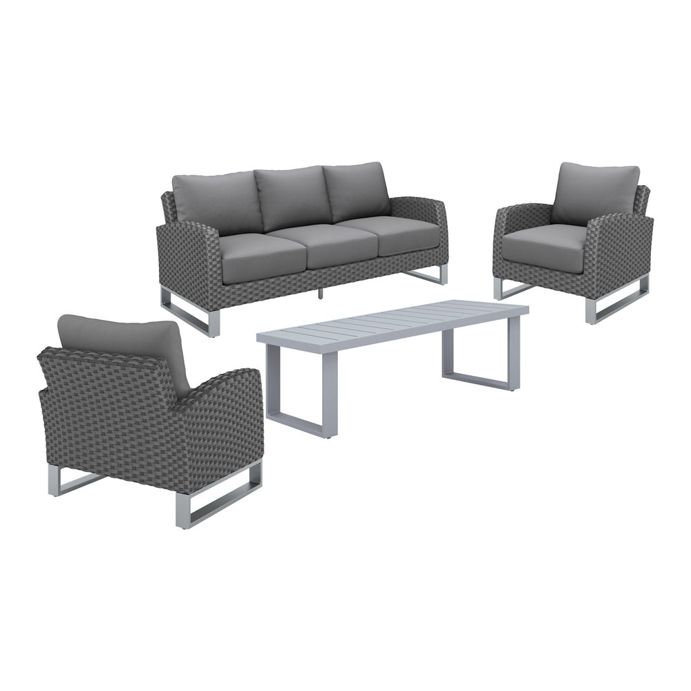 Elevate your outdoor living space with the Fiji Outdoor Patio Conversation Set in Gray. Crafted for enduring enjoyment, this 4 piece set features a 3-seater sofa, 2 club chairs, and a coffee table, all built with robust aluminum frames coated in a scratch