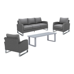 Elevate your outdoor living space with the Fiji Outdoor Patio Conversation Set in Gray. Crafted for enduring enjoyment, this 4 piece set features a 3-seater sofa, 2 club chairs, and a coffee table, all built with robust aluminum frames coated in a scratch