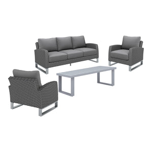 Elevate your outdoor living space with the Fiji Outdoor Patio Conversation Set in Gray. Crafted for enduring enjoyment, this 4 piece set features a 3-seater sofa, 2 club chairs, and a coffee table, all built with robust aluminum frames coated in a scratch