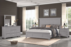 The Jamestown 5-Piece Wood Bedroom Set in Gray is the epitome of modern transitional style, blending contemporary and traditional design elements for a sophisticated and versatile bedroom setup. This set includes a Panel Bed, Dresser, Mirror, and two Nigh