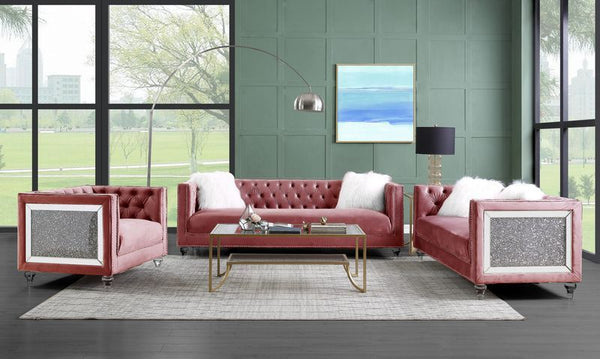  the Heiberoll living room collection is sure to impress your guests. The set includes mirrored side trim with faux diamonds to add a glimmering touch. The whimsical acrylic turned legs give off the illusion that the pieces are floatin