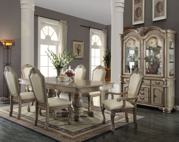 Rectangular Double Pedestal Table Extension: Removable Leaf (2 x 15-") Wooden Top with Grooved Trim Wooden Pedestal with Raised Floral Motifs Padded Seat & Back Wood Queen Anne Leg Matching Hutch & Buffet with Light Function, Buffet Drawer: Center Metal G