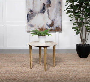  natural style offers a fresh look to a casual living space as this end table adds low-key yet elegant personality. A rustic feel and warm motif follow this round table crafted in India. Organic materials deliver an earthy aspect to easy-living furni