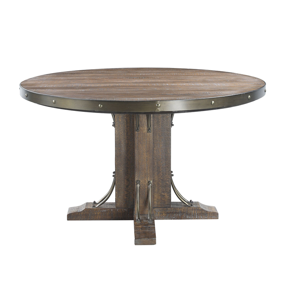 Enhance the industrial, rustic, or farmhouse style of your home with this Rapaela round dining table The single pedestal base provides maximum stability while allowing sufficient leg space for comfortable seating. The metal trim gives this table a modern 
