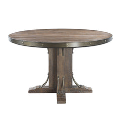 Enhance the industrial, rustic, or farmhouse style of your home with this Rapaela round dining table The single pedestal base provides maximum stability while allowing sufficient leg space for comfortable seating. The metal trim gives this table a modern 