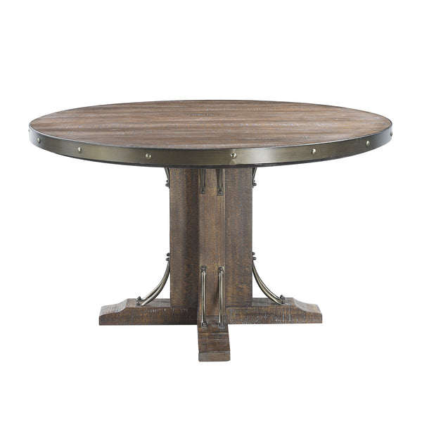 Enhance the industrial, rustic, or farmhouse style of your home with this Rapaela round dining table The single pedestal base provides maximum stability while allowing sufficient leg space for comfortable seating. The metal trim gives this table a modern 