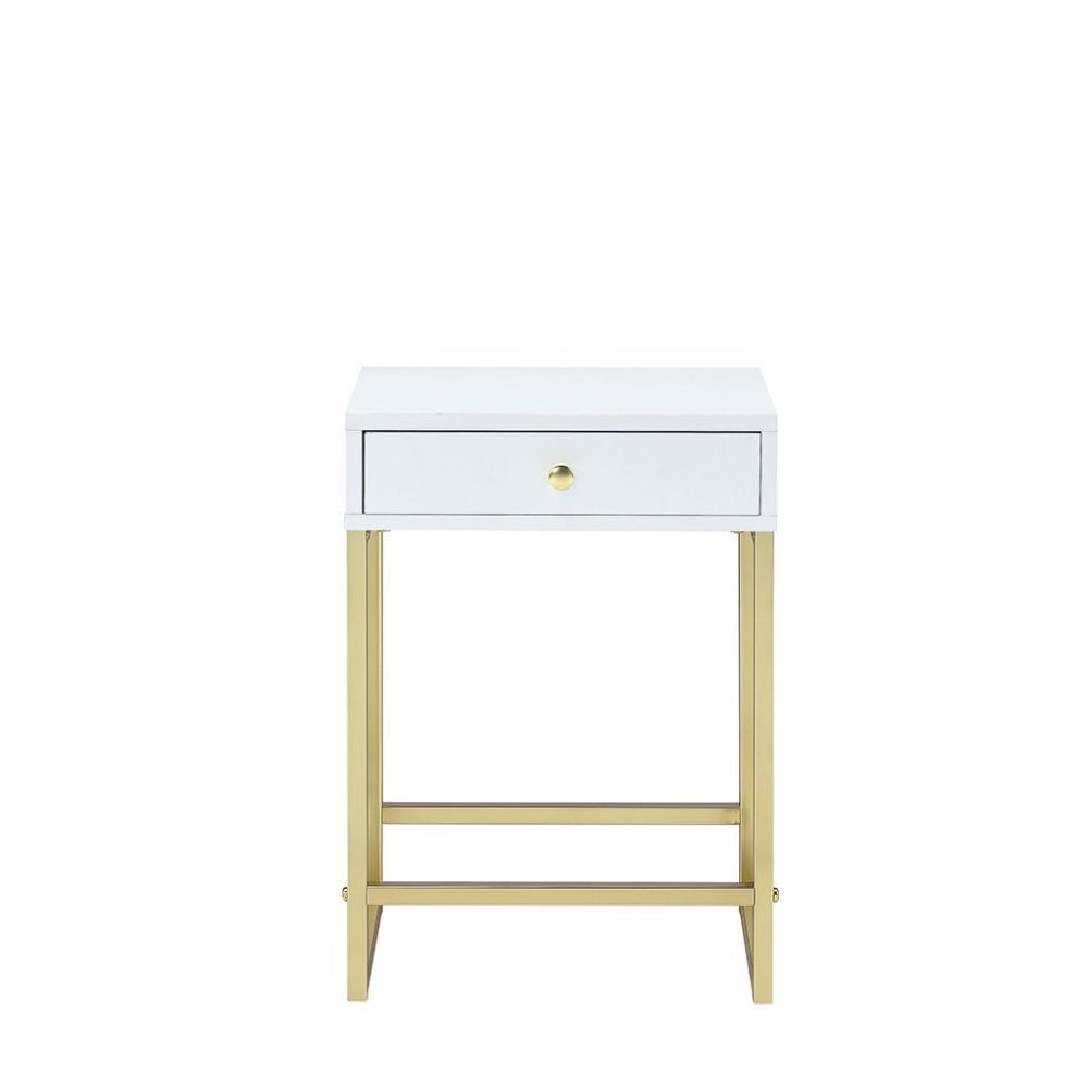 Bring the trending contemporary style into your home with this updated Coleen side table. This side table comes with a drawer providing you an additional space to storage. With featuring white top and brass base, this accent piece will be an elegant piece