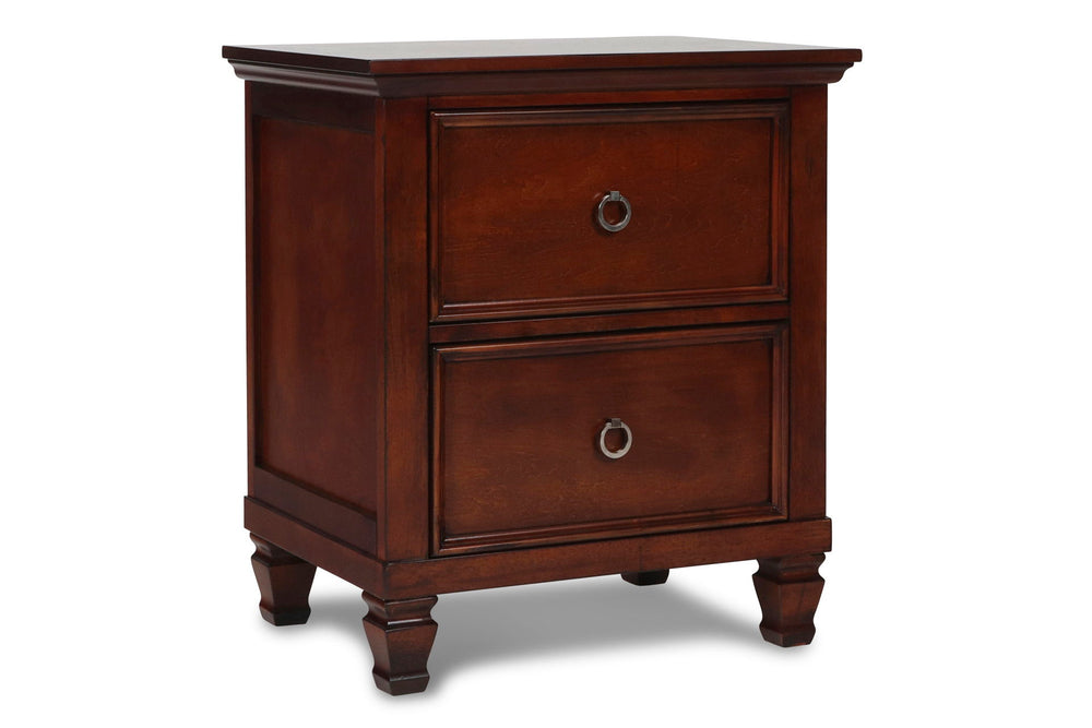 The Tamarack 2 Drawer Wood Nightstand in brown cherry combines durability with elegance. Built with solid poplar, basswood veneers, and eco-friendly manufactured wood, this nightstand ensures strength and long-lasting durability. Its versatile transitiona