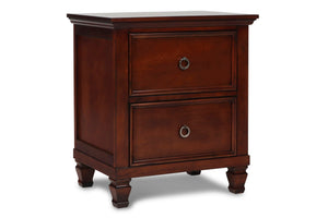 The Tamarack 2 Drawer Wood Nightstand in brown cherry combines durability with elegance. Built with solid poplar, basswood veneers, and eco-friendly manufactured wood, this nightstand ensures strength and long-lasting durability. Its versatile transitiona